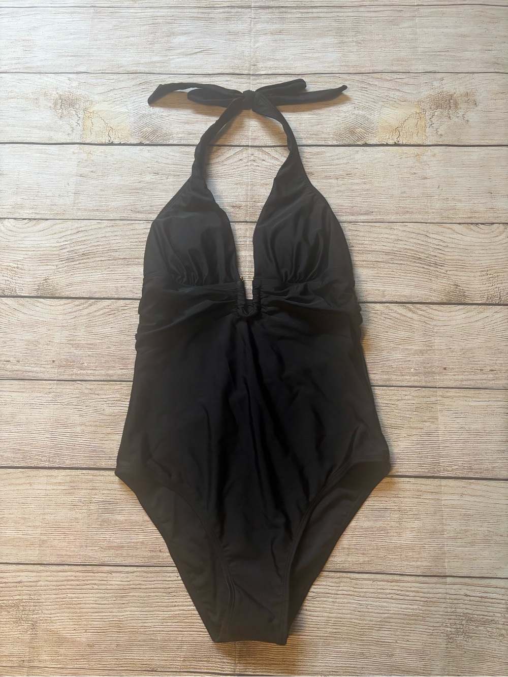 CUPSHE Women's One Piece Halter Deep V Neck Swimsuit,  Black Sz S NWT